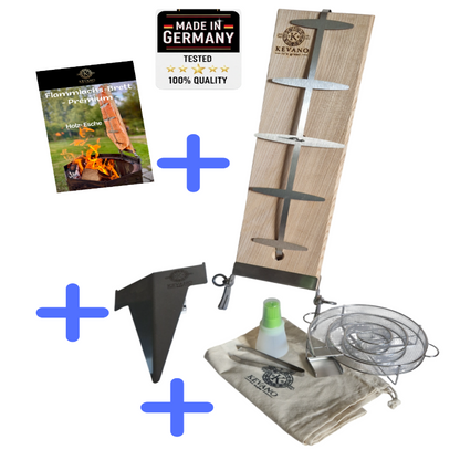 KEVANO  Premium Flammlachsbrett – Esche - SET 3 m. Erdspieß, Räucherschnecke, Grätenpinzette, Marinierpinsel inkl. 30 Tage Geld-Zurück Garantie
