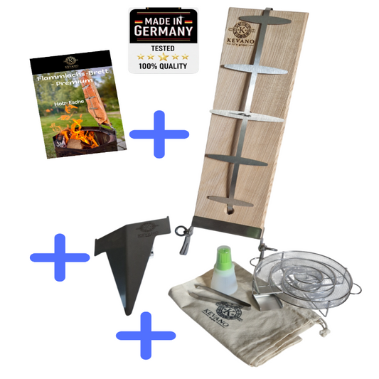 KEVANO  Premium Flammlachsbrett – Esche - SET 3 m. Erdspieß, Räucherschnecke, Grätenpinzette, Marinierpinsel inkl. 30 Tage Geld-Zurück Garantie
