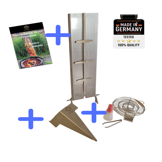 KEVANO  Premium Flammlachsbrett – Edelstahl - SET 4 m. Erdspieß, Räucherschnecke, Grätenpinzette, Marinierpinsel inkl. 30 Tage Geld-Zurück Garantie