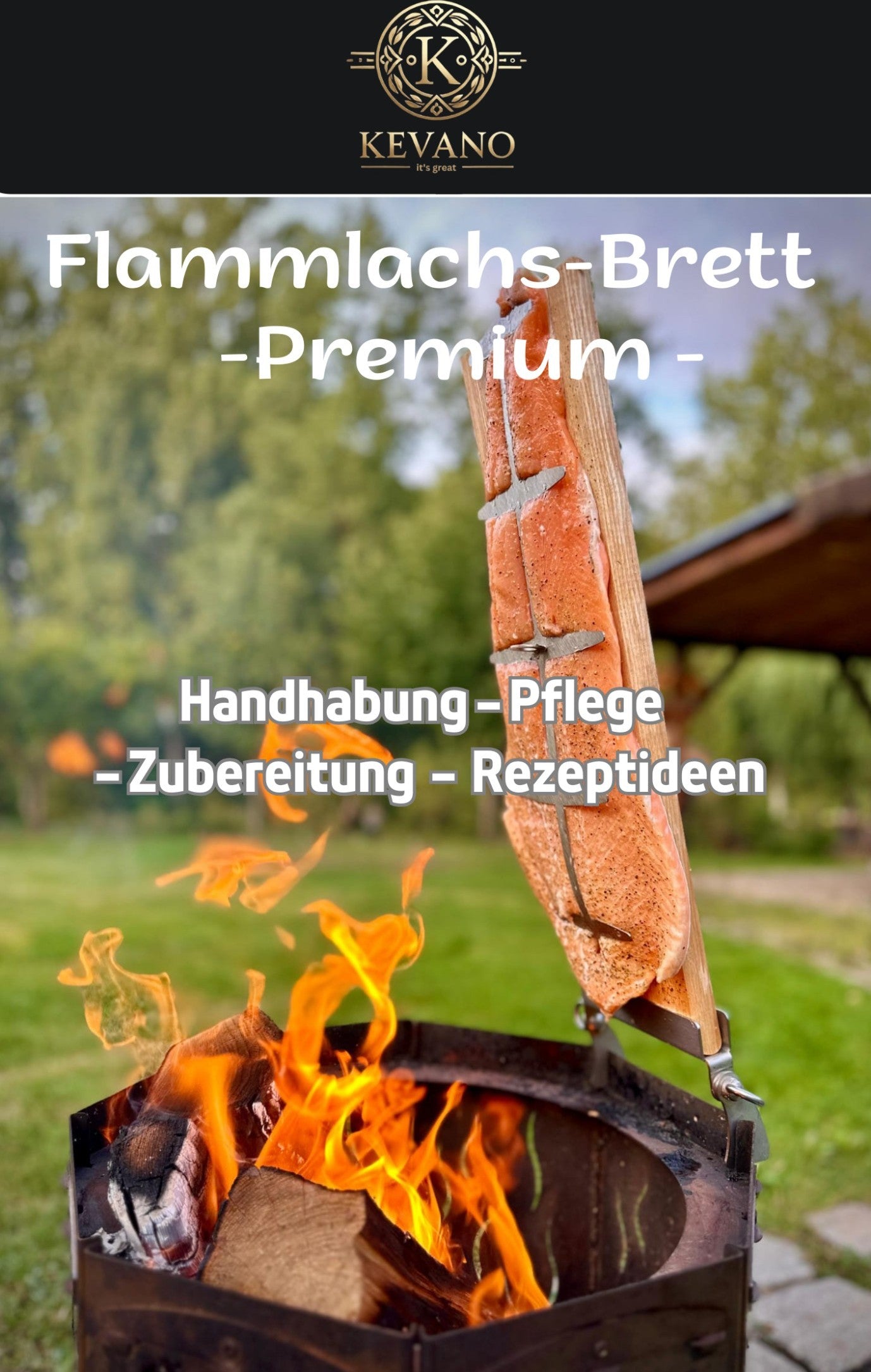 KEVANO  Premium Flammlachsbrett – Edelstahl - SET 4 m. Erdspieß, Räucherschnecke, Grätenpinzette, Marinierpinsel inkl. 30 Tage Geld-Zurück Garantie